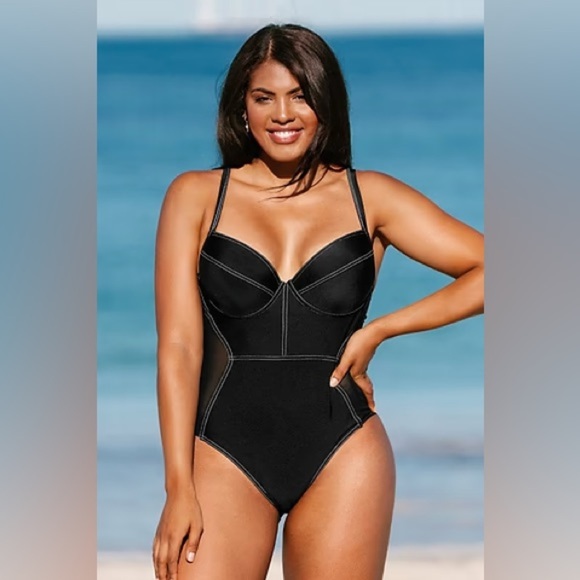Structured Black Bustier Underwire Mesh Panels One-Piece Swimsuit - Picture 1 of 8